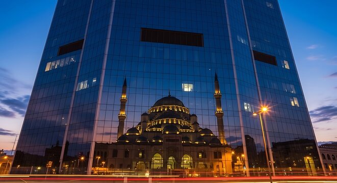 A striking reflection of a traditional mosque on the glass facade of a modern skyscraper at twilight.