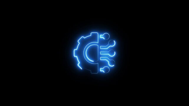 Neon glowing icon representing the intersection of mechanical engineering and digital technology, featuring a gear combined with circuit board elements, illuminated in vibrant cyan against a black bac