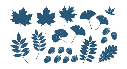 Fototapeta premium Diverse Autumn Leaves and Acorns Vector Silhouette Collection Natural Fall Foliage Elements Set