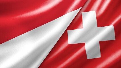Fototapeta premium Indonesia and Switzerland two national flags filling the entire frame, close-up view, edge-to-edge composition