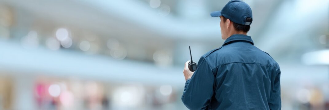Caucasian male adult security guard with radio standing in shopping mall interior on patrol surveillance duty