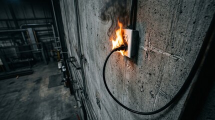 Burning electrical outlet with fire and smoke on a concrete wall in an industrial warehouse setting