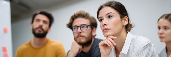 Obraz premium Male female caucasian young team attentive in meeting seminar workshop learning and brainstorming session focused on ideas planning and collaboration