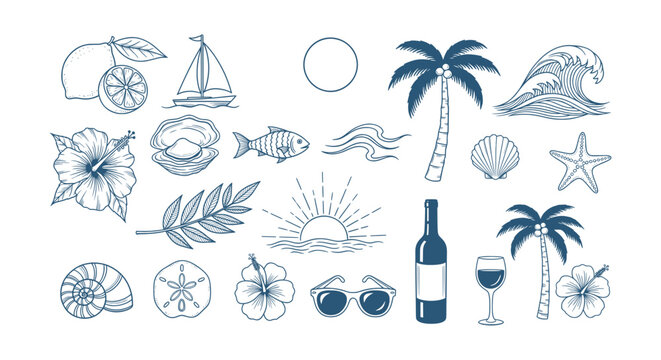 Tropical Summer Beach Vacation Travel Vector Icons Illustrations Paradise Elements Set