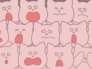 たくさんの猫が集まって様々なリアクションをしている観戦中イラスト　背景・ポスター・壁紙　ピンク