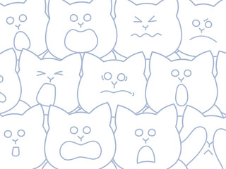 たくさんの猫が集まって様々なリアクションをしている観戦中イラスト　背景・ポスター・壁紙　線画
