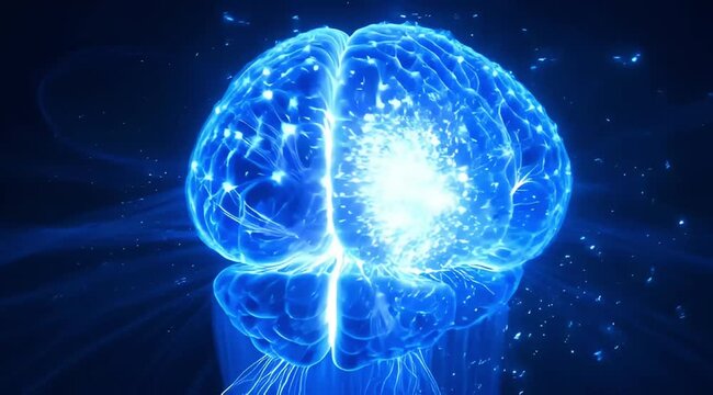 Brilliant Blue Digital Brain Glowing with Intense Activity and Neural Connections