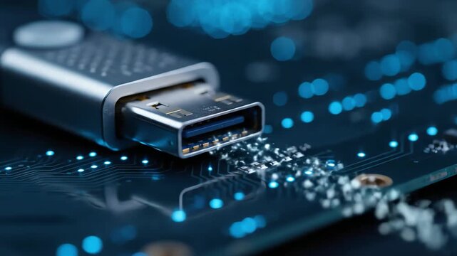 Silver Usb Connector on Blue Circuit Board Close Up Electronic Technology Details Microchip Connectivity Futuristic Design Details and Technological Innovation