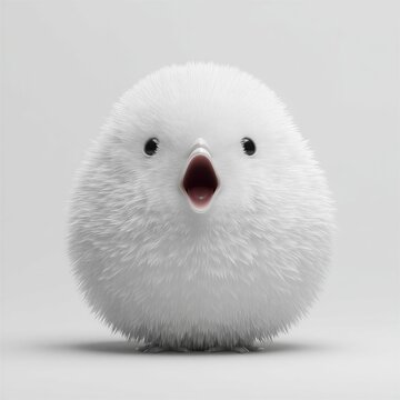 Una adorable y esponjosa cr&iacute;a de p&aacute;jaro con los ojos muy abiertos y la boca abierta en una expresi&oacute;n de asombro.