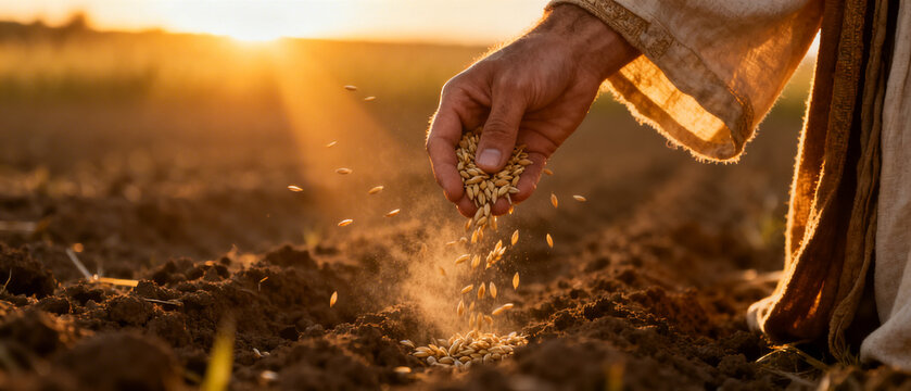 Close-up of a sower's hand planting seeds in fertile soil at sunset. Biblical concept of the Parable of the Sower, agriculture and spiritual growth. Panoramic banner with sun rays and copy space.