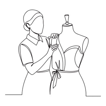 Fashion Designer Working on Dress Form Minimalist Line Art Illustration