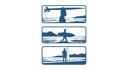 Naklejka premium Dynamic Surfer Silhouettes Vector Set Beach Ocean Water Sport Icon Logo Design