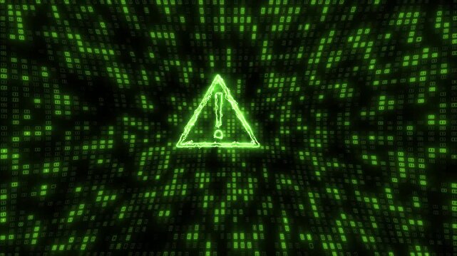 Glowing Neon Green Warning Exclamation Mark Triangle Icon Against A Dynamic Matrix Of Flowing Binary Code. Futuristic 3d Render Featuring Binary Data Grids Of Ones And Zeros, Representing A Digital 