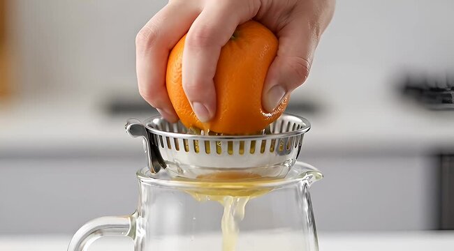Squeezing fresh orange juice with stainless steel squeezer into clear glass pitcher