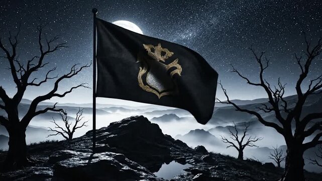 Flag planted on windless hill under full moon amid bare trees and misty mountains
