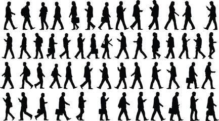 People silhouettes set featuring diverse commuters walking while using smartphones and carrying business briefcases