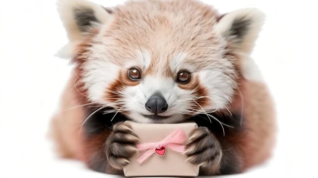 A little bear is holding a small gift on its paws and staring directly at the camera. The setting looks cozy and warm, bringing a smile to anyone who sees it