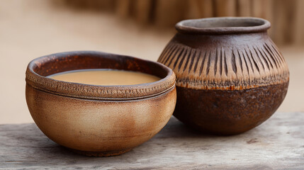 Traditional Eswatini buganu marula drink served festival, African village cultural beverage, ethnic ceremonial consumption, traditional alcohol representation, with copy space