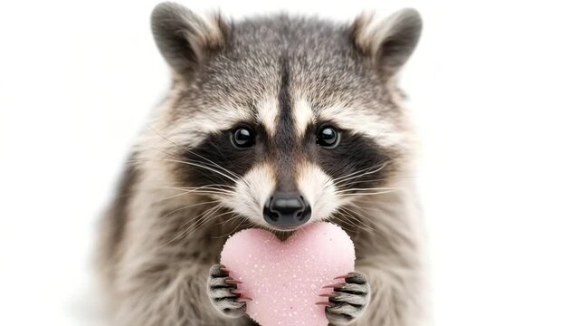 A tiny raccoon holds a heart shaped pastel in its paws. The animal looks curious and playful while presenting this treat in a bright and simple space