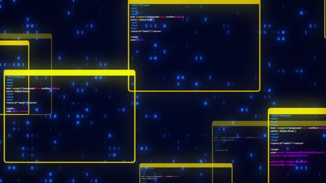 Abstract High-tech Background With Floating Yellow Code Windows And Glowing Blue Binary Data In Deep Space. Cinematic 3d Motion And Depth Of Field Representing Cybersecurity, Software Development, And