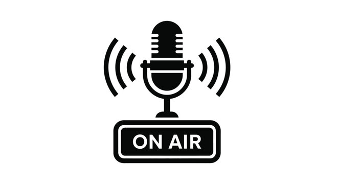 Professional broadcasting microphone vector illustration graphic with on air sign, perfect for podcasting, radio shows, live streams, and recording audio content.