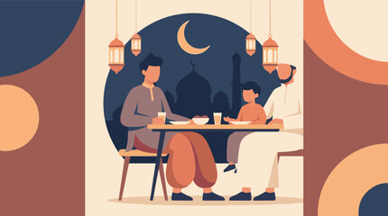 Fototapeta premium Muslim family breaking fast during Ramadan with crescent moon and lanterns