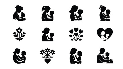 Obraz premium Mother's day silhouette logos bundle black icons of mothers and children flowers and hearts for greeting cards and advertising