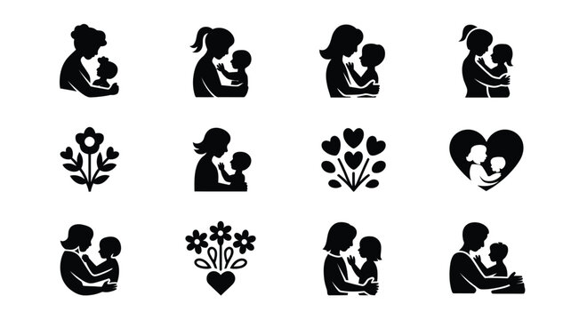 Mother's day silhouette logos bundle black icons of mothers and children flowers and hearts for greeting cards and advertising