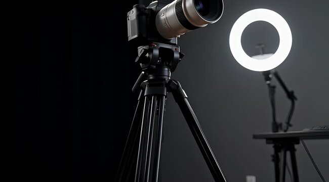 Studio setup featuring camera on tripod and ring light for photography or video
