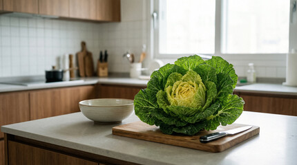 Whole Bomdong Cabbage on Cutting Board in Bright Kitchen Interior
