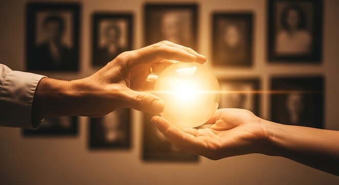 Two hands carefully holding a glowing orb with warm light