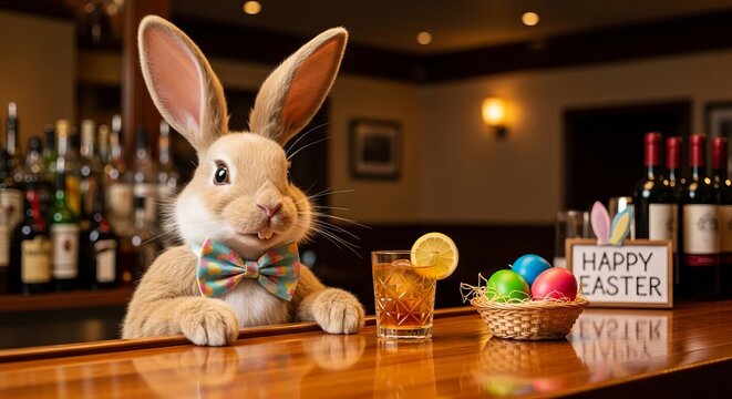 Easter bunny at bar with drink and eggs