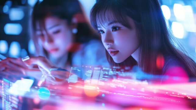 two women working on computer with neon lights
