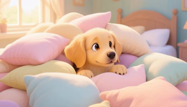 Dog peeking from pile of pillows in a cozy, colorful bedroom  