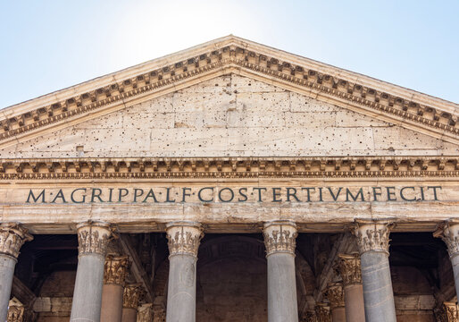 Pantheon building in Rome, Italy; translation: "M(arcus) Agrippa, son (F) of Lucius (L), Consul (COS) for the third time (Tertium), built this"