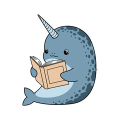 Cartoon narwhal reading a book with a cute expression ©  Saleha Stock 