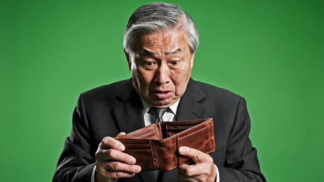Older Asian businessman looking shocked at his empty brown wallet against a green background.
