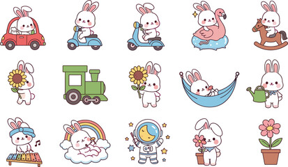 Cute Bunny Character Activity Set with Travel Music Gardening and Dreamy Cartoon Rabbit Vector Collection © MstRoysha