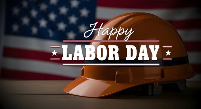 Happy labor day celebration with american flag and hard hat