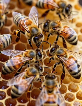 Primer plano de abejas trabajando diligentemente en un panal de miel.