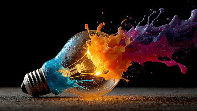 Glowing light bulb with colorful paint splash exploding on dark background representing creative innovation illustration