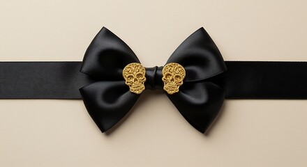 Black bow tie with gold skull decorations on a ribbon necktie accessory