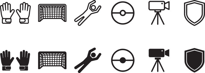 Fototapeta premium Football and Soccer Game Elements Line and Solid Icons Set with Goalkeeper Gloves, Goal, Referee, Soccer Ball, Camera and Shield Symbols