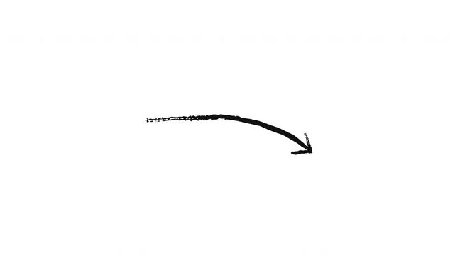Curved end down arrows grunge doodle animation. Gradual curve downward. Directional marker. Animated hand drawn pointers. Dynamic sketchy rough direction. Distressed ink motion overlays set