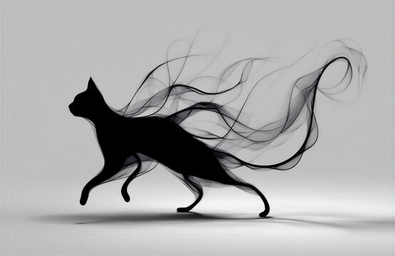 Una silueta de gato en movimiento, representada con un efecto de humo o niebla.
