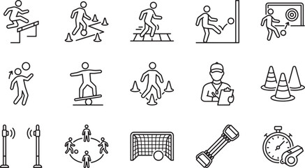 Sports Training and Athletic Exercise Line Icons Set with Hurdles, Balance, Agility, Coach, Goal Post, Dumbbell and Stopwatch Symbols © Ahmed