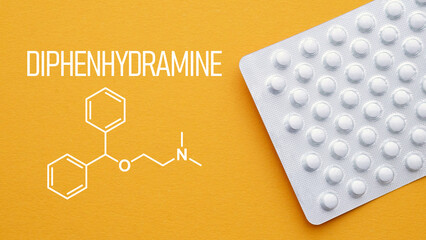 Diphenhydramine antihistamine medication for allergy relief and sleep aid, tablets for allergic reactions, pharmaceutical concept, healthcare and medical treatment