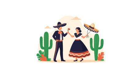 Fototapeta premium Traditional Mexican dancers in authentic costumes perform festive dance near giant green cacti under bright desert sun with clouds.
