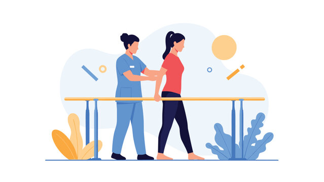 Professional female physical therapist helping a young woman walk between parallel bars during a rehabilitation session.