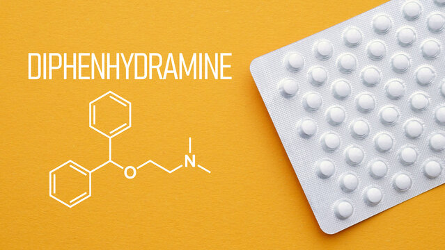 Diphenhydramine antihistamine medication for allergy relief and sleep aid, tablets for allergic reactions, pharmaceutical concept, healthcare and medical treatment